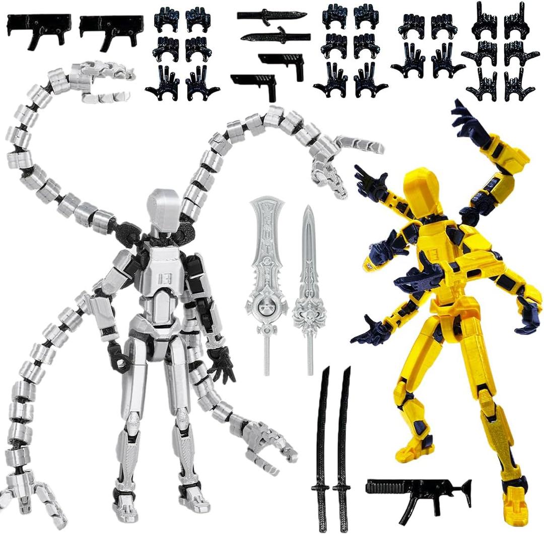 T13 3D Action Figure Set (Assembly Completed) 2 Pcs, 3D Printed Multi-Jointed, Titan 13 Action Figures, Multi-Articular Lucky Mobile Robot Nova,Desktop Decorations for Game Lovers Toys (Sliver Gold)