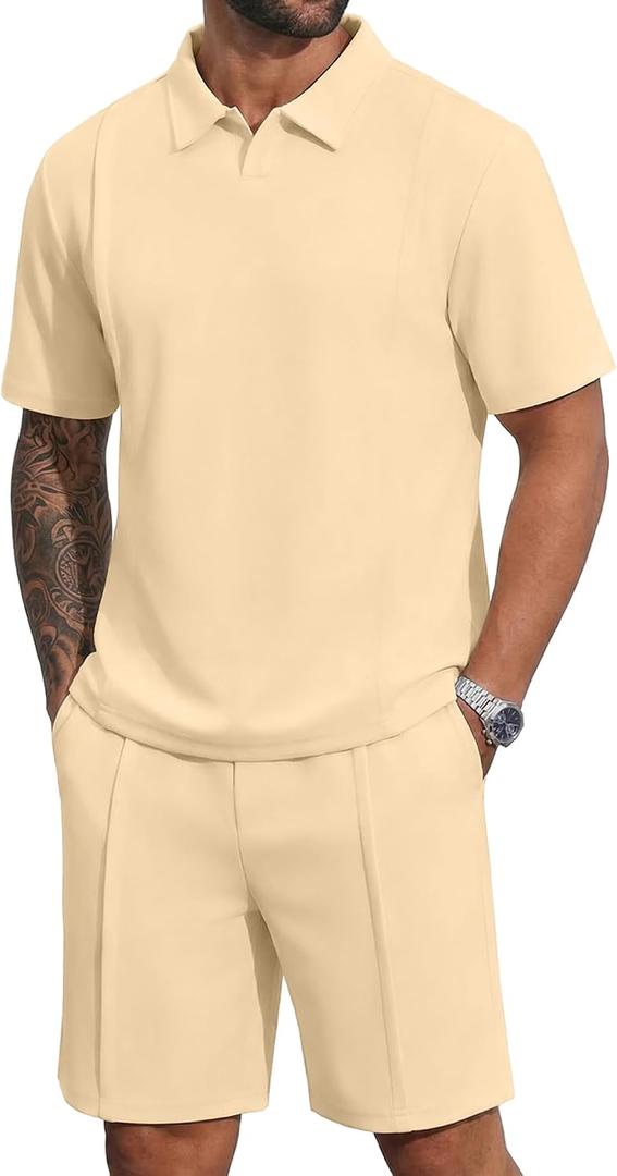 YTD Men's 2 Piece Outfits Casual Short Sleeve Polo Shirts and Shorts Sets Loose Fit Summer Athletic Track Suits (Beige, XL)