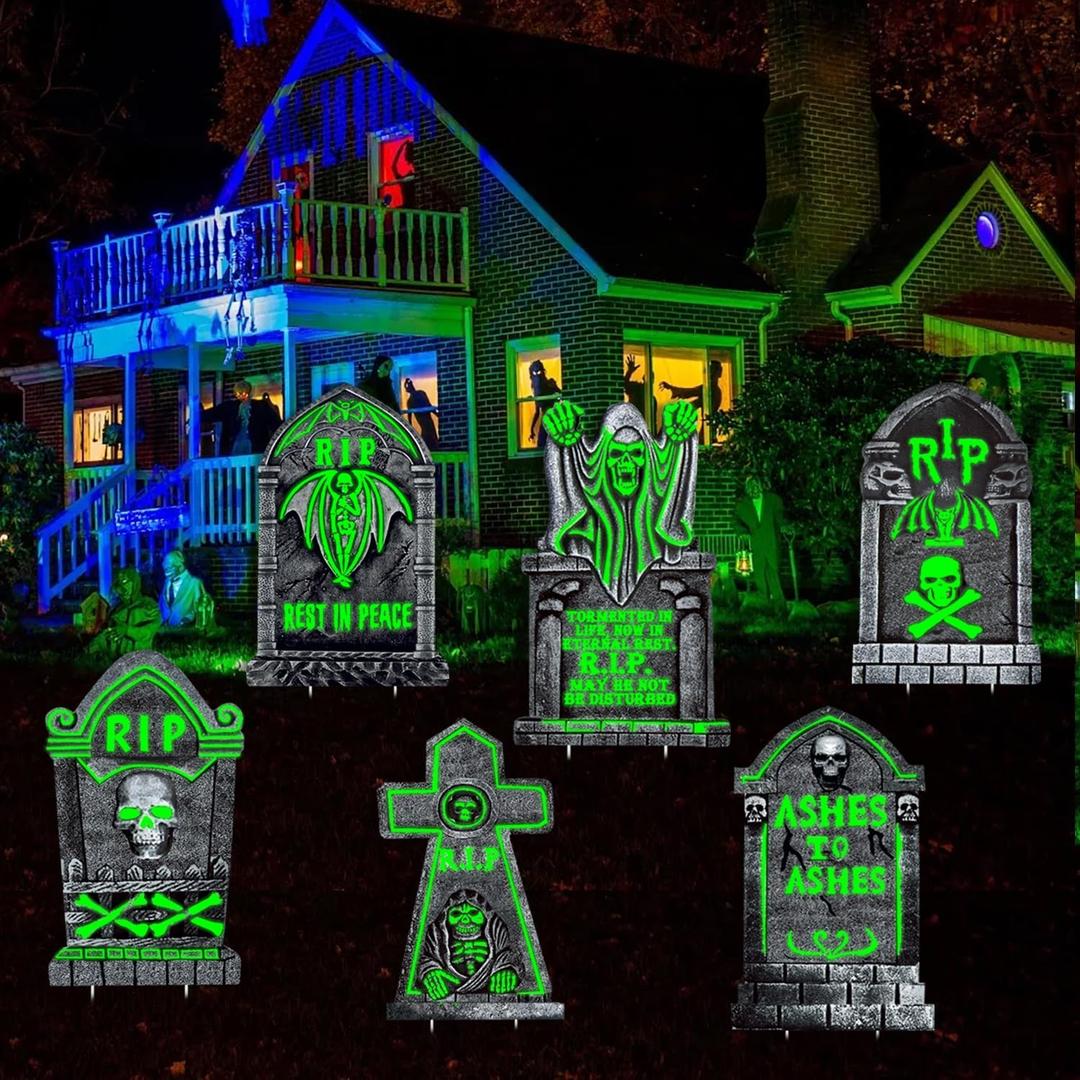 Large Halloween Tombstones Decorations Outdoor Yard Signs, 6Pcs 16"x25" Light Up Tombstones for Graveyard Displays, Glow in The Dark Cemetery Props, Waterproof and Reusable for Parties