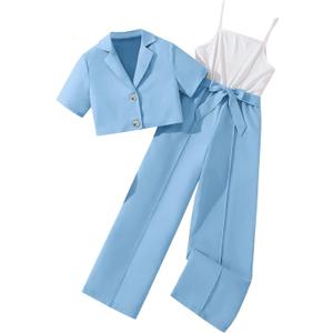 Hilinker Girl's 2 Piece Outfits Short Sleeve Blazer Belted Wide Leg Sleeveless Jumpsuit Sets