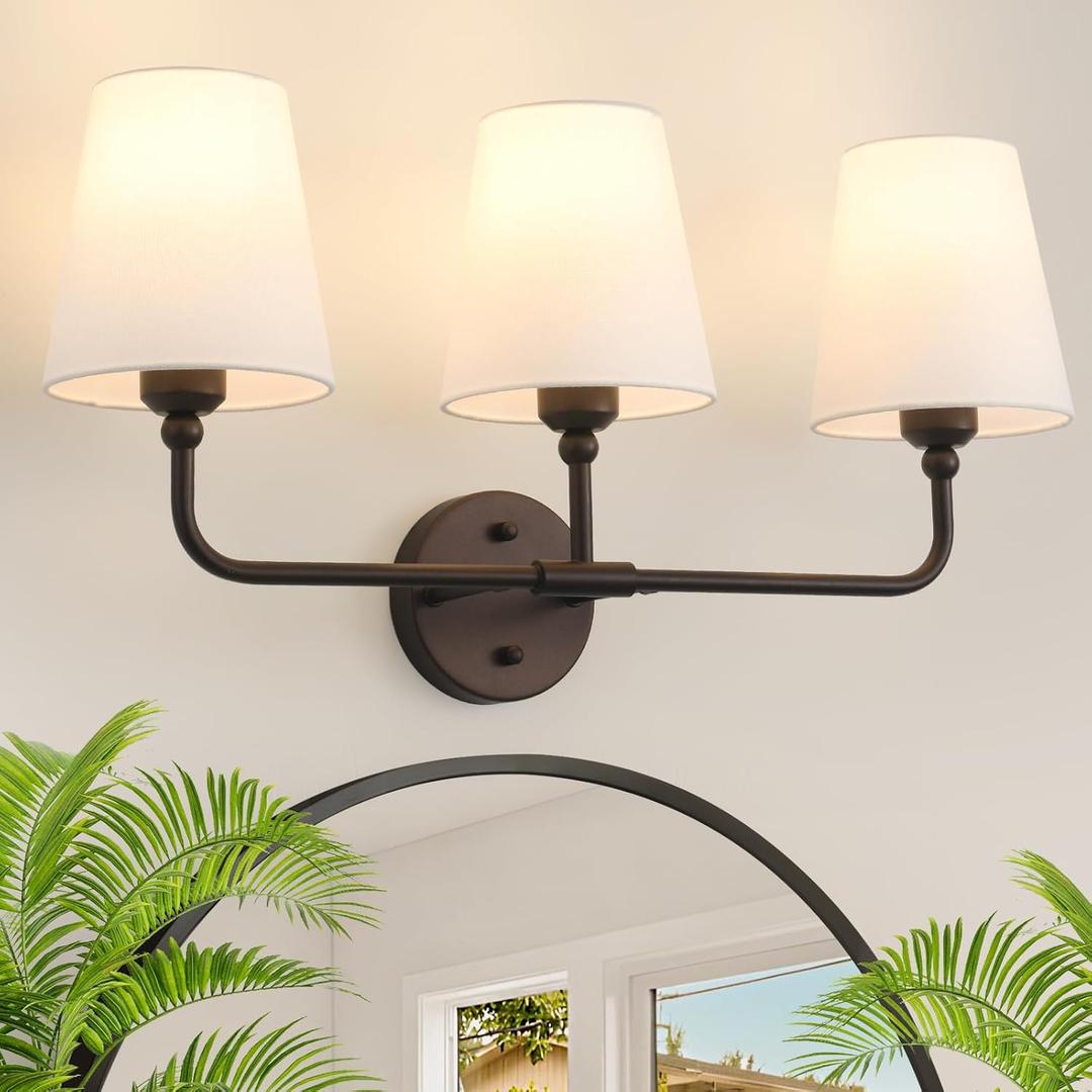 Bathroom Light Fixtures, 3-Light Oil Rubbed Bronze Vanity Lights, 24.5" Bathroom Lighting Fixtures Over Mirror with White Flared Fabric Shade, Modern Wall Sconces for Bathroom Living Room Hallway