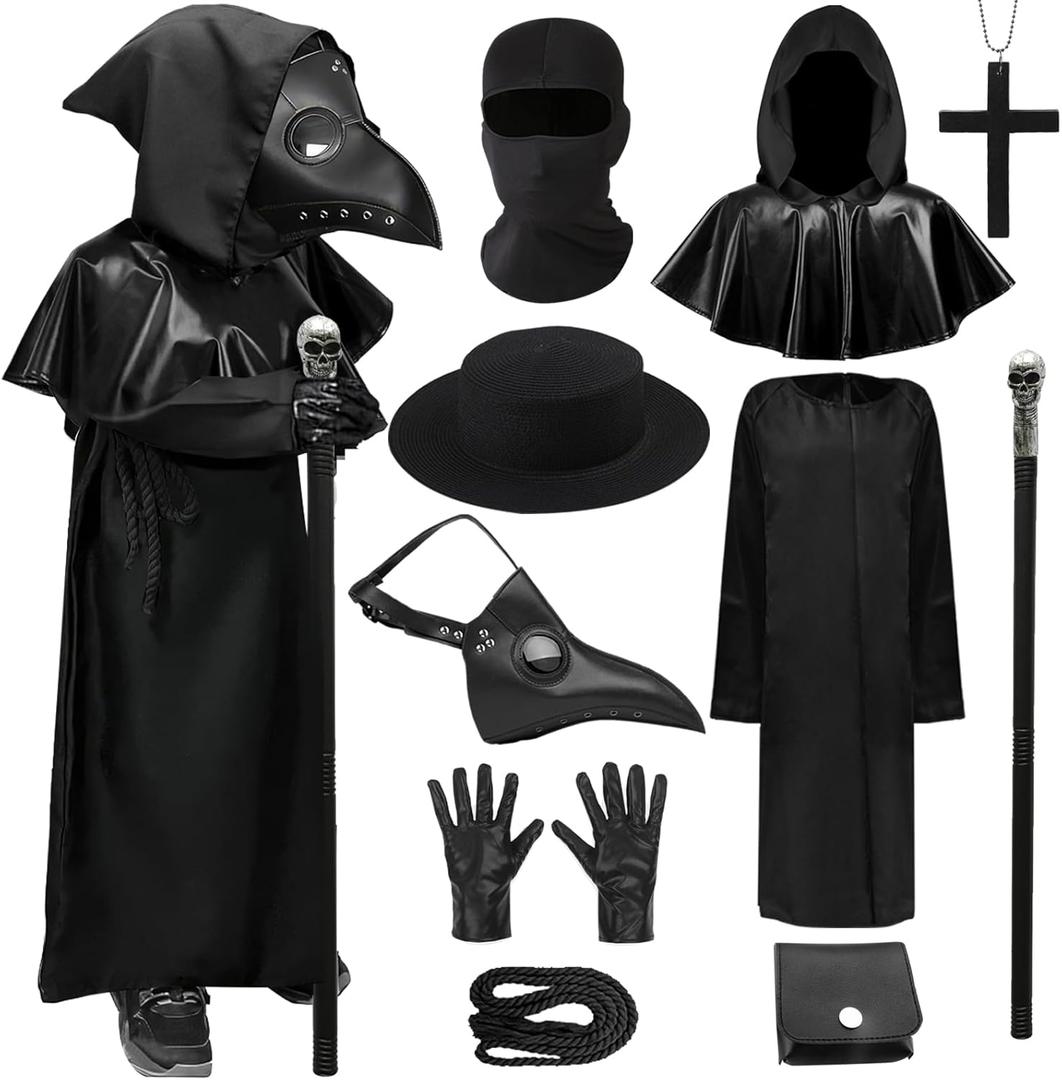 Plague Doctor Costume Black Cloak Robe with Bird Mask Leather Hood Scary Halloween Cosplay Dress up (140)