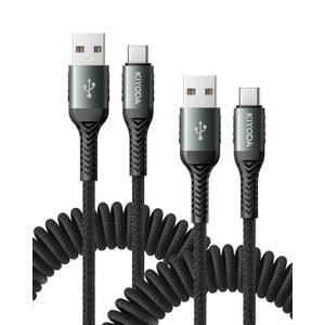 USB C Cable Coiled 3FT 2Pack, Braided USB A to Type C Charger Cable for Car 66W Fast Charging Cord Compatible with iPhone 16 15, iPad, Samsung Galaxy, Google Pixel, Moto, TCL, LG Phones (Black)