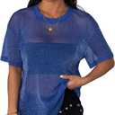 OYOANGLE Women's Sparkly Glitter Rave Concert Outfits Going Out Top Short Sleeve See Through Blouse Mesh Shirt (Blue, M)