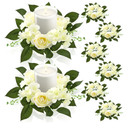 Jutom 16 Pcs Wedding Rose Candle Rings Artificial Floral Wreaths with Green Leaves White Flower Candle Rings Candleholders Garland for Wedding Pillar Centerpiece Party Table Decor
