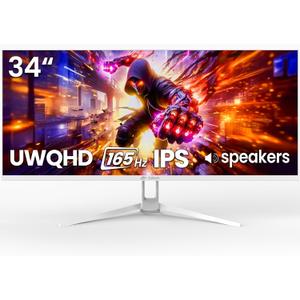 CRUA 34'' White Gaming Monitor, 165HZ/144HZ, WQHD(3440x1440P) IPS UltraWide Screen Computer Monitors with Built-in Speakers, Supports FreeSync, 120% sRGB, HDMI 2.0 & DP 1.4, Wall Mountable Installs