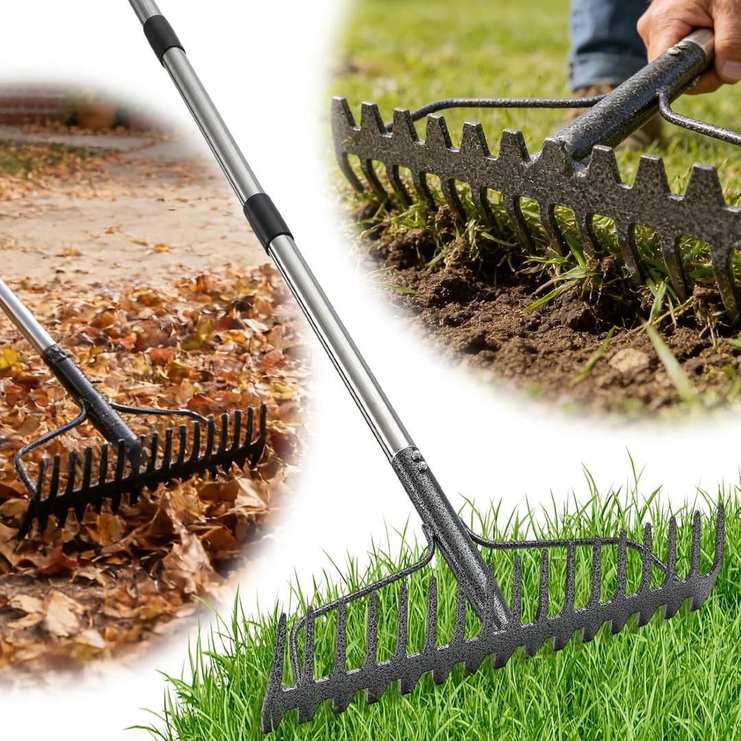 Bow Rake , 2-in-1 63in Metal Garden Lawn Rake for Weeding Digger Loosening Soil Raking Leaf Leveling Rocks Spreading Mulch Gravel 17 Tines Adjustable Garden Rake(63 Inch)