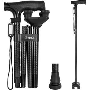 ZeptX Folding Walking Quad Cane for Men and Women, Ultra Lightweight Sturdy Height Adjustable Nonslip Rubber Tips Free Standing Cane, Walking Sticks for Seniors & Adults [Black] (Carbon Fiber)
