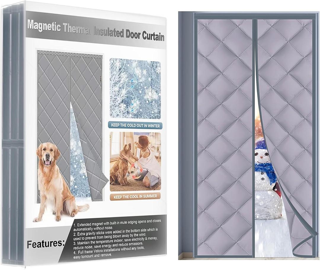 Magnetic Thermal Insulated Door Curtain,Automatic Closing Soundproof Temporary Door Cover,Hands Free Windproof Magnetic Screen Door,Keep Warm Winter&Cool Summer(32'' x 80'',Grey) (MML-001)