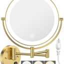 Benbilry 9" Large Wall Mounted Lighted Makeup Mirror, 1X/10X Magnifying 2-Sided AC Plug-in Powered Bathroom Mirror with 3 Color Lights, Touch Dimmable, Extended Arm 360 Rotation, Gold
