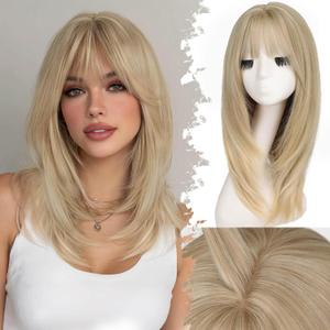 Eawwii Beginner-Friendly Wig with Bangs for Women Natural Blonde Straight Face-Framing Layers Hairstyle 4x4 Realistic Scalp Glueless Synthetic Wigs Medium Length for Everyday Use