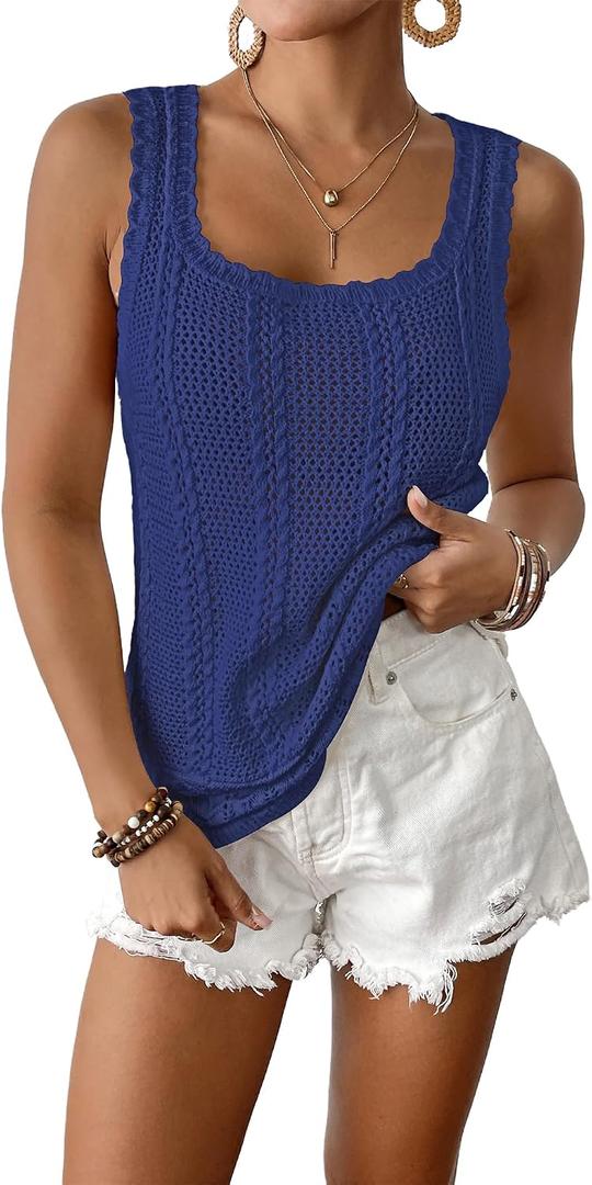 Bsubseach Womens Crochet Sleeveless Top Summer Hollow Out Crochet Sweater Vest Mesh Vacation Beach Cover Ups (Blue, M)