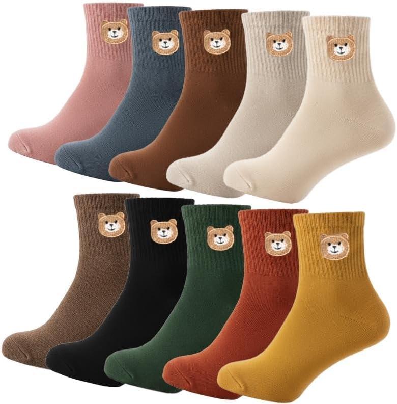 5/10 Pairs Cute Smiling Face Sock Embroidery Ankle Novelty Funny Socks Gifts for Womens Socks (10 pairs Bear sock)