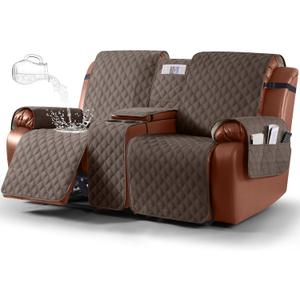 Ruaozz Waterproof Loveseat Recliner Cover with Console Non-Slip Reclining Couch Covers Split Sofa Slipcovers with Elastic Straps Furniture Protector for Kids, Dogs, Pets(Brown, 2 Seater)