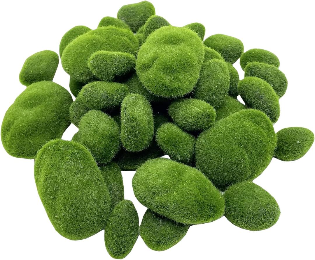 40PCS Artificial Moss Rocks Decorative Moss Balls Green Moss Covered Stones for Plants Decor Home Craft 4 Size