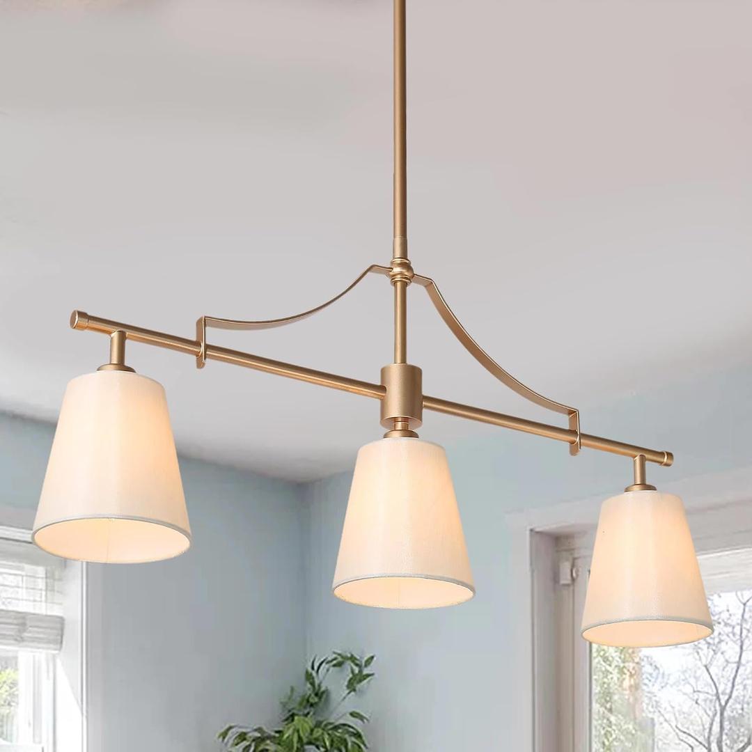 Gold Chandeliers for Dining Room, Modern 3 Light Linear Island Light Fixtures with Fabric Shades for Kitchen, Bedroom, Living Room