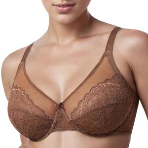 TELIMUSSTO Women's Plus Size Bra Full Coverage Underwired Minimiser Non Padded Floral Lace Bras (Brown, 44DDD)