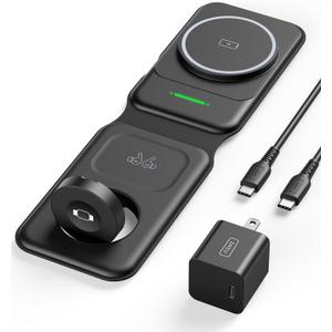 INIU 3 in 1 Charging Station Multiple Devices for Apple, 15W Magnetic Foldable Travel Wireless Charger for iPhone 16 pro max 15 14 13 12 Series, iWatch 10 9 8 SE/Ultra Series, AirPods 4 3 2 pro (Black)