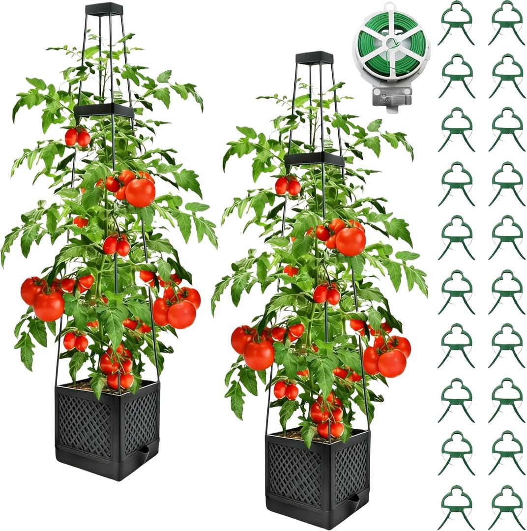 2Pcs Raised Garden Bed Tomato Planter Box with Trellis, 57 Inch Self-Watering Large Tomato Cage for Patio Garden Pots, Climbing Plants Cucumber Vine Vegetables Flowers Outdoor & Indoor
