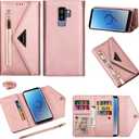 Wallet Case for Samsung Galaxy S9 Plus Leather Flip Zipper Purse Handbag with Credit Card Holder Shoulder Strap and Wrist Strap Lanyard Phone Cover for S9+ 9S 9+ S 9 9plus S9plus Women Pink
