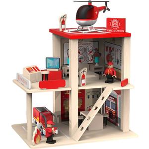 Wooden Fire Station Playset, Multicolor 3-Level Pretend Play Dollhouse with Figures, Truck, Helicopter and Accessories, Preschool Learning Educational Toys for Toddlers Kids Age 3 and up