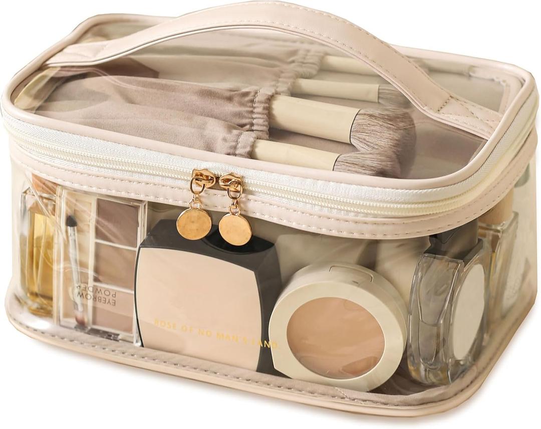 Large Clear Makeup Bag Big Cosmetic Bags Waterproof Toiletry Orangizer with Handle Transparent Toiletries Case Travel Pouch for Women Girls Daily Beauty Purse Essentials Skincare Bag Off White