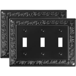 2-Pack Triple Toggle Light Switch Cover Plate, Paisley Pattern Decorative Switch Plate Covers, Black 3 Gang Metal Wall Plates, Corrosion Resistant