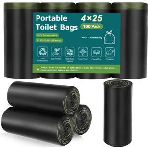 100 Portable Toilet Bags, Biodegradable with Drawstring & Lemon Scent, for 5-8 Gallon Bucket Seat for Outdoor Camping Car Travel