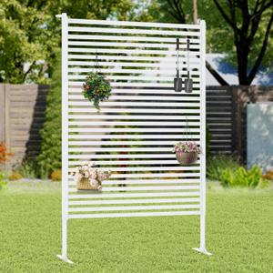 Outdoor Privacy Screen with Stand, Rustproof Metal Fence Panel, 47.24’’ x 71’’ PE-Coated Steel Slats, Decorative Privacy Fence for Patio, Garden, Backyard, Trash Can, White(1 Panel)