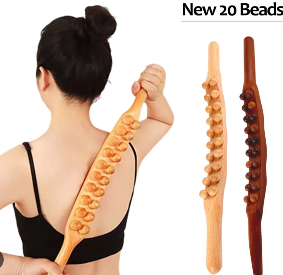 Guasha Wood Massage Stick Tools Wooden Therapy Scraping Lymphatic Drainage Massager, Double Row 20 Beads Point Treatment Gua Sha Tools, Stomach Cellulite Massager, Myofascial Release Tool