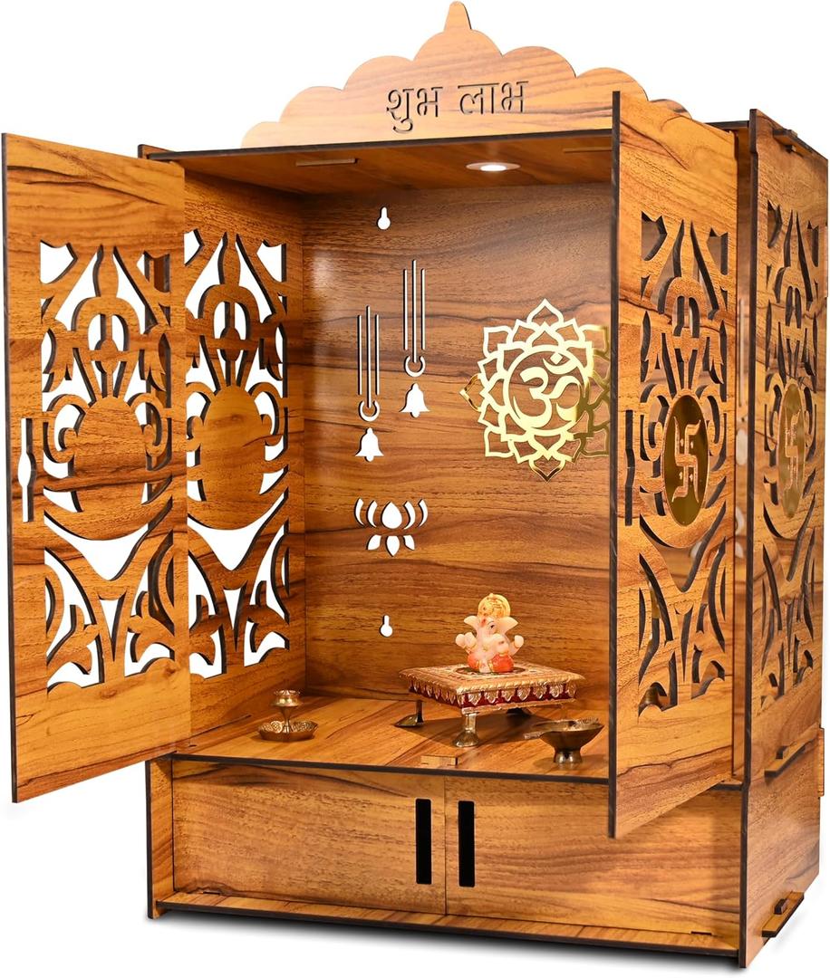Wooden Temple Mandir for Home with Door | Beautiful Pooja Unit with Storage Space | with LED Light and Wall Mounts | Elegant Pooja Mandir for Home Big Size (Ex Large - 27 * 19 * 11 Inch)