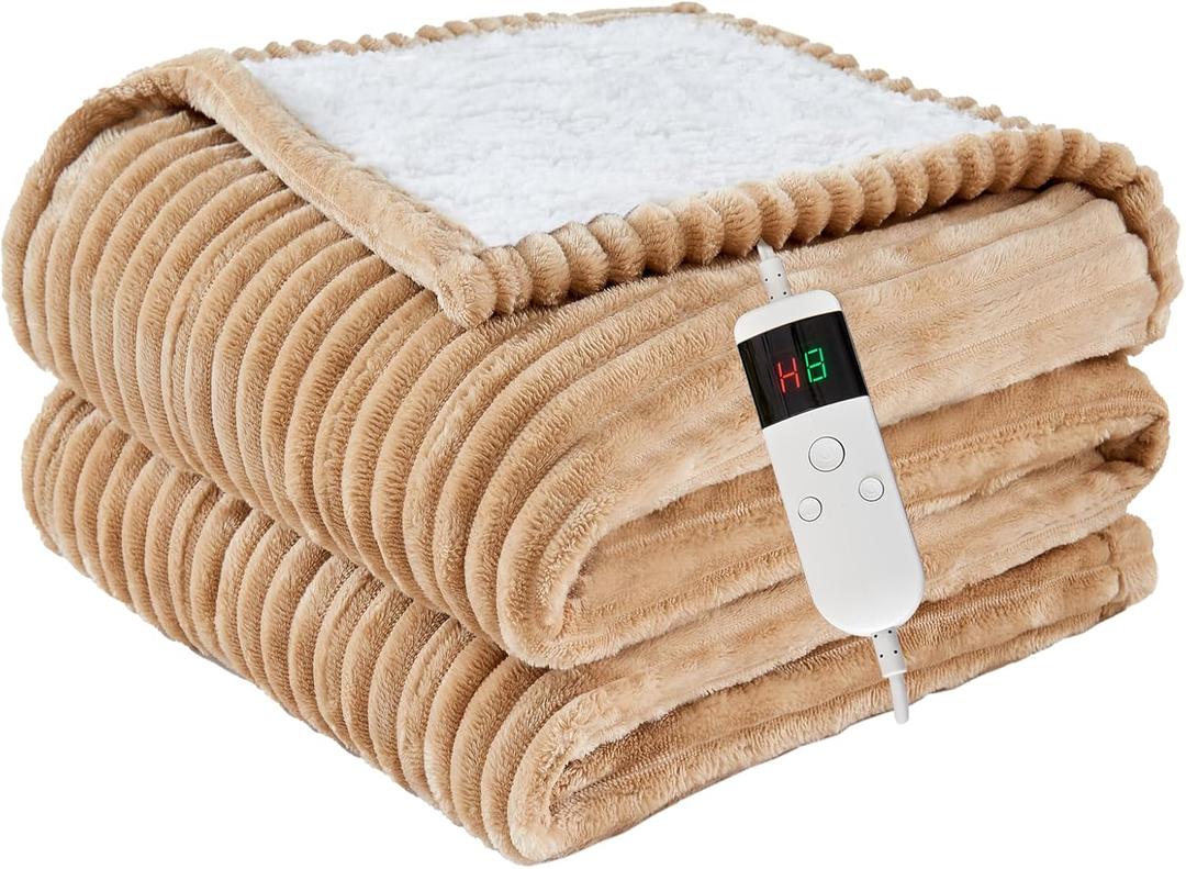 Heated Blanket Electric Throw, Soft Flannel Heating Blanket with 8 Hours Auto Off 10 Fast Heating Levels Machine Washable Sherpa Heated Blanket with Overheating Protection (Throw (50" x 60"), Khaki)