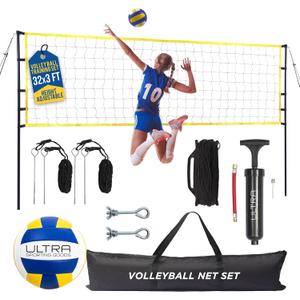 Volleyball Net for Backyard, Beach, Home, Includes 32x3 Ft Regulation Size Net, 8.5-Inch PU Volleyball, Carrying Bag, Boundary Lines, Steel Poles & Pump, Portable Volleyball Net Outdoor and Indoor