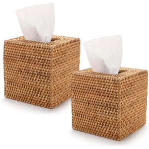 2 Pack Rattan Tissue Box Cover Square, Hand Woven Wicker Tissue Holder, 5.5 x 5.5 X 5.7 inch, Natural