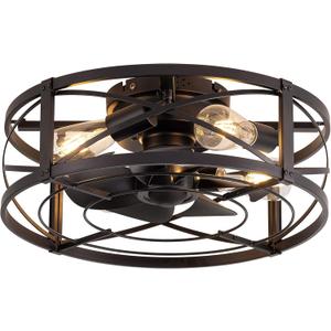 18 inch Rustic Farmhouse Caged Ceiling Fans with Lights and Remote, Industrial Black Low Profile Flush Mount Fandelier, Small Bladeless Ceiling Fan with Light for Bedroom, Kitchen, Cabin, Dining Room
