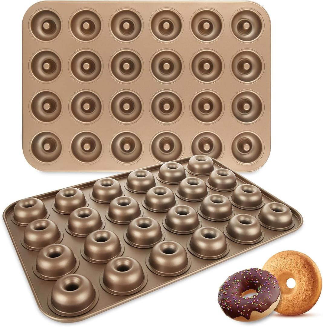 2 Pack 24-Cavity Mini Donut Pan, Nonstick Small Donut Tray Doughnut Bakeware, Carbon Steel Mini Donut Cake Pans for Baking - Gold