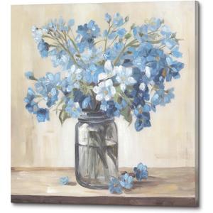 Blue Flower Pictures Wall Decor - Modern Floral Canvas Art Blossom in Vase Artwork Print for Living Room Bathroom 24x24 Inch