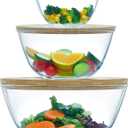 Glass Salad Bowls with Bamboo Lids & Utensils Set of 3, Large Capacity Serving Bowl Clear Mixing Bowls, 3pc Nesting Glass Containers with Wood Lids, Microwave Safe Baking Bowls for Kitchen (Glass Salad Bowls Set of 3)