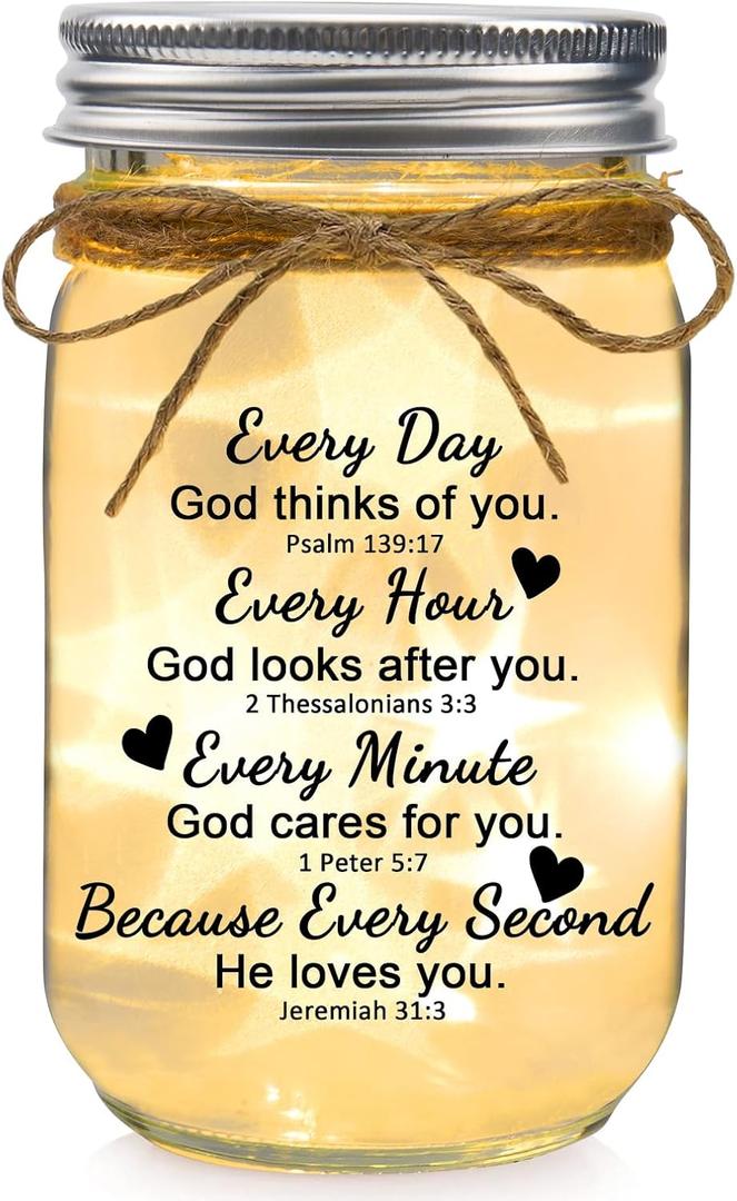 Christian Mason Jar Night Lights Gifts for Christians Women Faith Bible Religious Catholic Spiritual Gift for Women Prayer -Every Day God Thinks of You...He Loves You