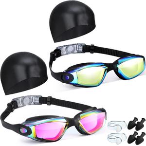 Poen Swim Goggles and Caps for Adults Women with Nose Plug Earplug Waterproof Anti Fog Clear Stretchable Goggle Pack