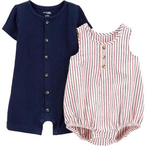 Simple Joys by Carter's baby-boys Button Rompers, Pack of 2 (Newborn, Navy/Red Stripe)