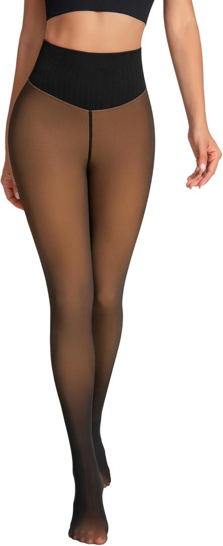 One-Seam Fleece Lined Tights for Women Fake Sheer Thermal Leggings with Tummy Control & Butt Lifting Design (Medium-Large, Tan)