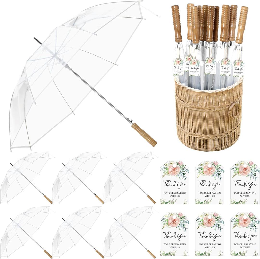 6 Pcs Wedding Umbrellas Bulk 41 Inch Wedding Stick Umbrellas with Wooden Handle for Bride Groom Photography Birthday Outdoor Interactive Events Guest Gifts