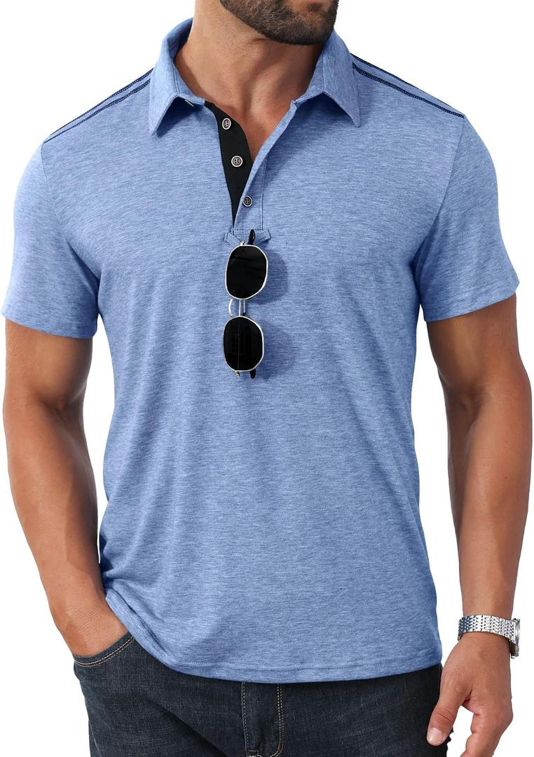 Angbater Men's Button Polo Shirts Short Sleeve Casual Summer T-Shirt Slim Fit Contrast Color Golf Shirt (XL)
