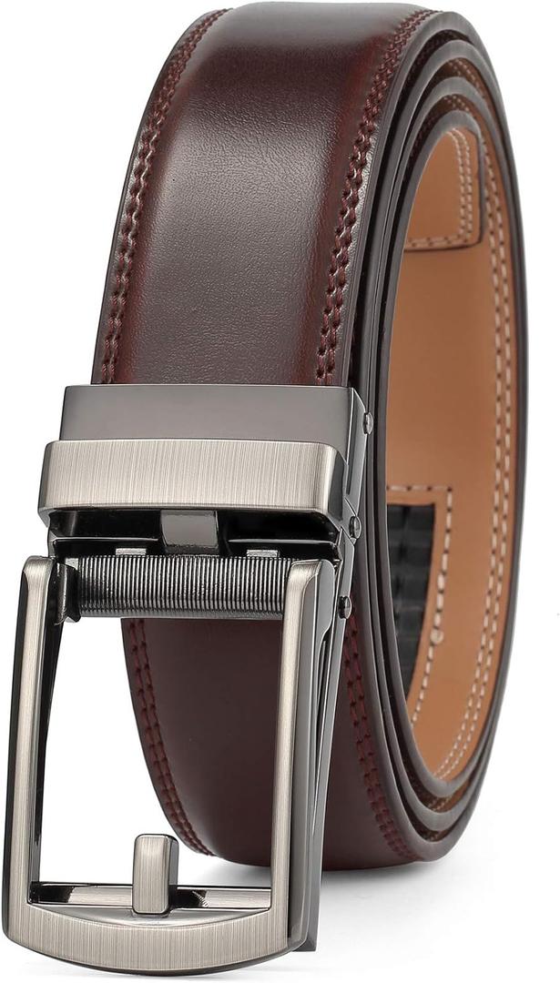 Ratchet Belt for Men, Leather Dress Casual Belt with Adjustable Buckle-Trim to fit-35cm wide (Brown)