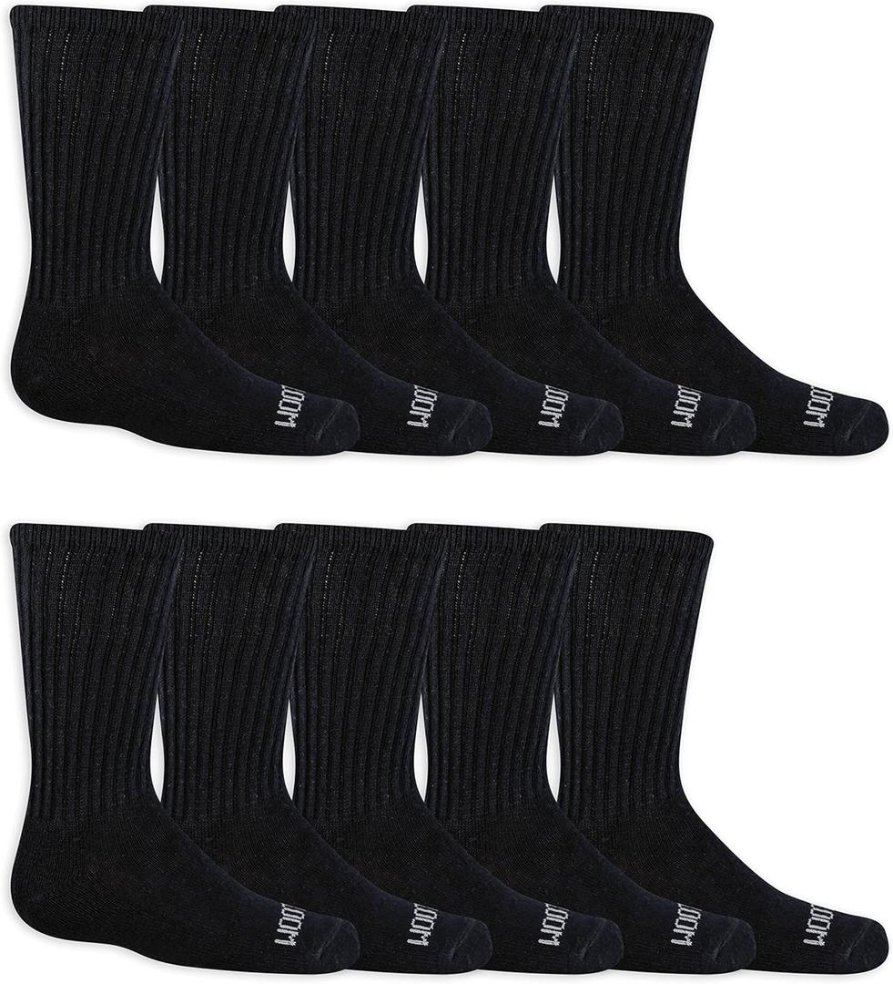 Fruit of the Loom Boys' Dual Defense Crew Socks (10 Pack) (Large, Black)
