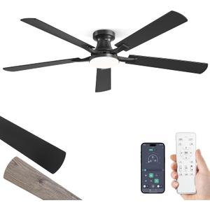 ZMISHIBO 60 Inch Ceiling Fan with Light, App&Remote Control, Flush Mount Low Profile, Dimmable 20W LED Light, Quiet Reversible Motor for Bedroom, Living Room, Apartment, Black