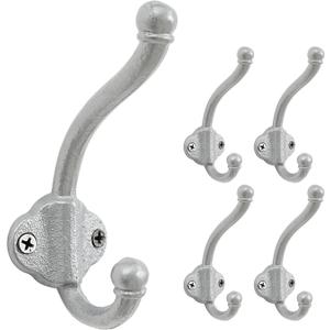 Dseap Cast Iron Wall Hooks L=5, Heavy Duty Coat Hooks, Rustic Vintage Farmhouse Hook for Hanging Winter Coats Jackets Towels Hats Bags Plants, Silver, Pack of 5 (VintageBold)