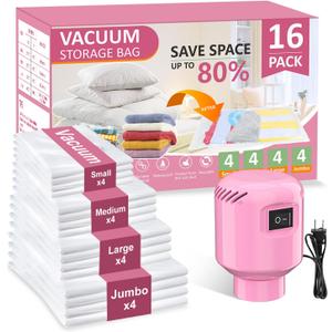 Vacuum Seal Bags for Clothing Travel, 16 Pack Space Saver Vacuum Storage Bags with Electric Pump,Portable Compression Sealer for Clothes,Blankets,Bedding & Travel Essentials,Good for Luggage Packing (Pink Small x4,Medium x4,Large x4,Jumbo x4)