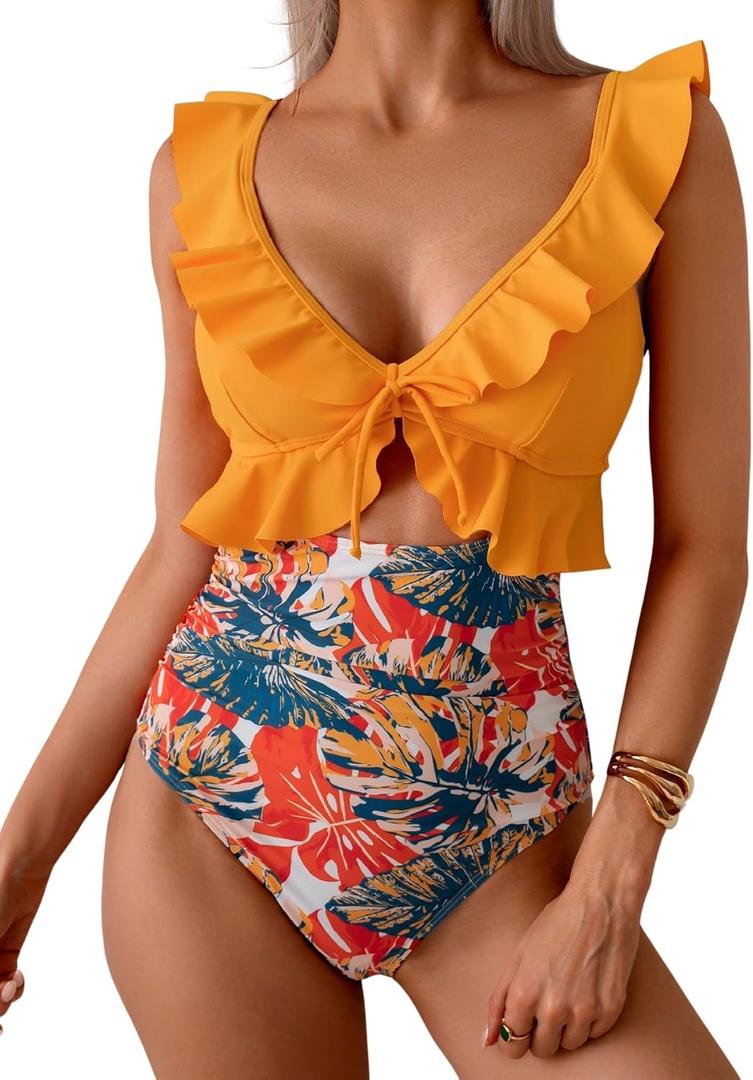 Eomenie One Piece Swimsuit for Women Tummy Control Ruffle Bathing Suit V Neck Ruched Swim Suit Slimming Cutout Swimwear (Medium, Orange Print)